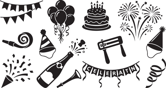 Set of black and white celebration featuring a birthday cake, balloons, fireworks, champagne bottle, party hats, confetti, noisemakers, and festive bunting banners on a white background