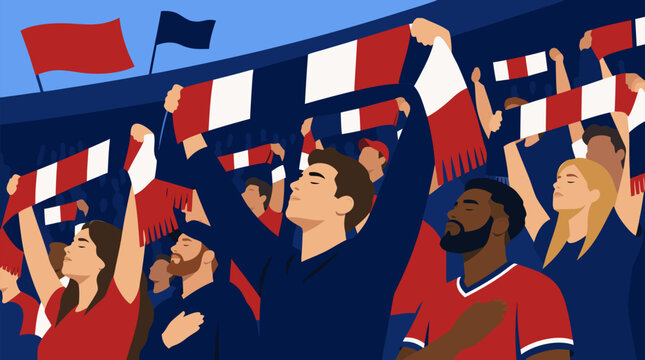 Passionate fans waving colorful scarves overhead during an emotional pregame anthem at a packed sports stadium, ideal for sports event promotions, fan merchandise, and league marketing as a clean flat