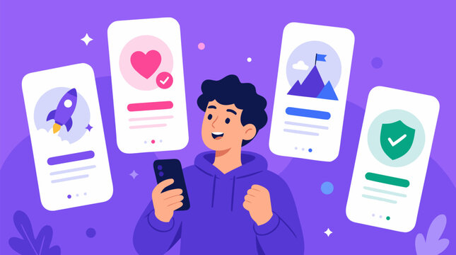 Happy user holding a phone surrounded by floating mobile app onboarding screens with a friendly purple gradient background, ideal for app startups, UX design showcases, and digital product marketing a