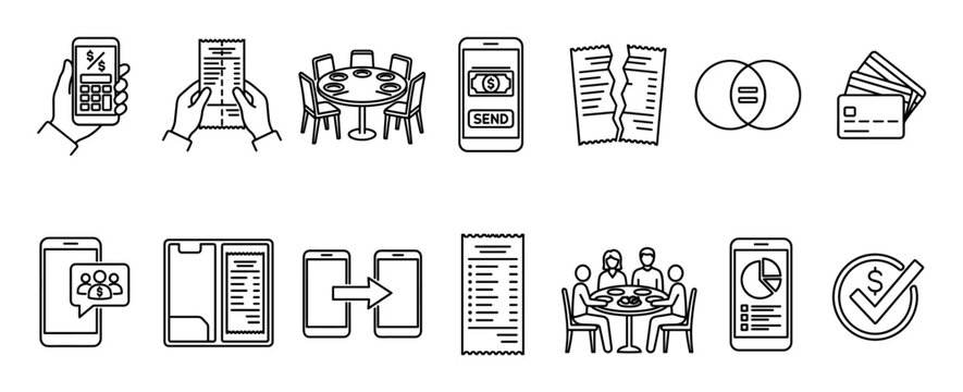 Minimalist black outline icons representing bill splitting, showing mobile payments, restaurant dining, shared expenses, and financial calculations in a simple vector graphic set