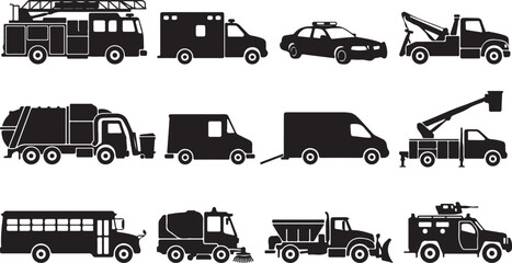 Set of black silhouette featuring various utility and emergency vehicles, including a fire truck, ambulance, police car, tow truck, garbage truck, school bus, street sweeper, and snow plow © MdAbu