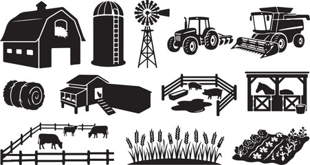 Set of black silhouette representing farm life, including a barn, grain silo, windmill, tractor, combine harvester, hay bale, chicken coop, pigs in a pen, horse stable, cows, wheat, and crops © MdAbu