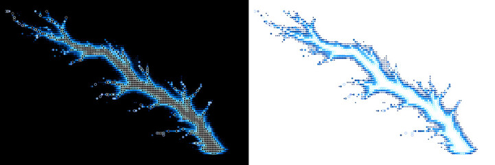 Obraz premium Abstract lightning bolt shape composed of halftone blue and white circular dots on black.