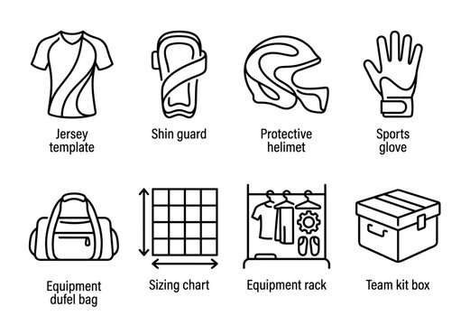 Set of sports equipment line icons including a jersey, shin guard, helmet, glove, duffel bag, sizing chart, rack, and kit box for team organization and athletic gear concepts