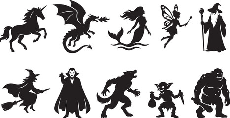 Obraz premium Set of ten black silhouettes featuring fantasy creatures including a unicorn, fire-breathing dragon, mermaid, fairy, wizard, witch on a broomstick, vampire, werewolf, goblin, and a troll