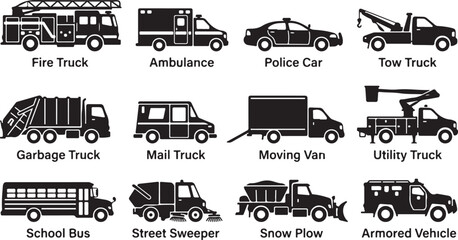 Set of twelve black silhouette representing various service and utility vehicles, including a fire truck, ambulance, police car, tow truck, garbage truck, mail truck, moving van, and school bus © MdAbu