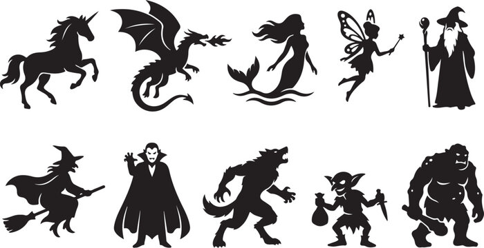 Set of ten black silhouettes featuring fantasy creatures including a unicorn, fire-breathing dragon, mermaid, fairy, wizard, witch on a broomstick, vampire, werewolf, goblin, and a troll