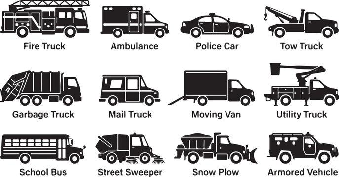 Set of twelve black silhouette representing various service and utility vehicles, including a fire truck, ambulance, police car, tow truck, garbage truck, mail truck, moving van, and school bus