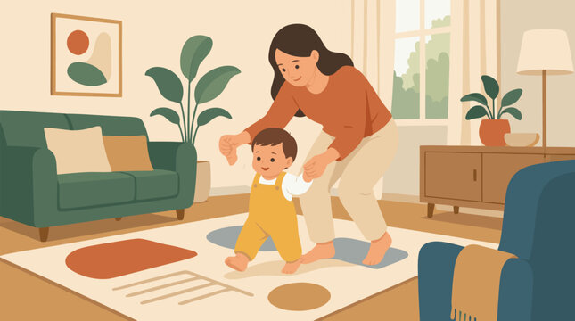 A clean flat vector illustration on a light background shows a mother helping her toddler take first steps in a cozy living room, useful for parenting and childcare content.