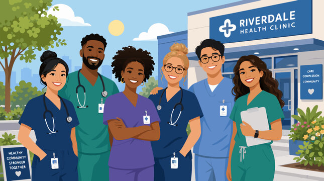 Clean flat vector illustration on a light background showing a diverse healthcare team in scrubs outside a health clinic, useful for community care promotions.