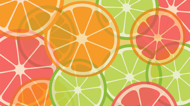 Clean flat vector illustration on a light background showing overlapping orange, lime, lemon, and grapefruit slices, ideal for juice packaging or summer menus.