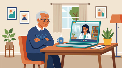 Fototapeta premium A clean flat vector illustration on a light home interior background shows an older man consulting a doctor by laptop video call, suitable for telehealth service ads.