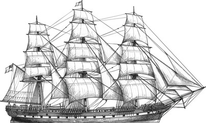 Hand Drawn Vintage Sailing Ship Vector Illustration with Detailed Rigging and Full Sails for Nautical, Maritime History, and Adventure Graphic Designs © Hosneara