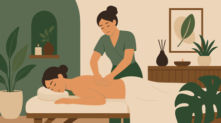Fototapeta premium Clean flat vector illustration on a light background showing a therapist giving a back massage in a calm spa room, suited for wellness, beauty, and relaxation marketing.