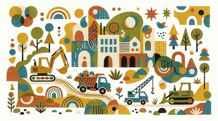 Naklejka premium Stylized excavator, dump truck, crane, and bulldozer work within a vibrant urban landscape