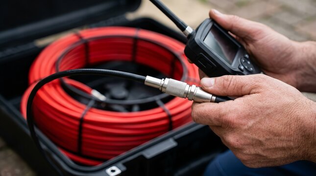 Professional plumber performing a sewer line inspection with a specialized camera.