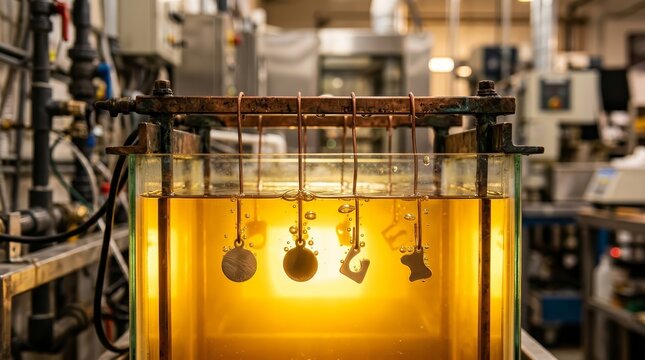 An industrial electroplating process uses a golden chemical solution for jewelry.