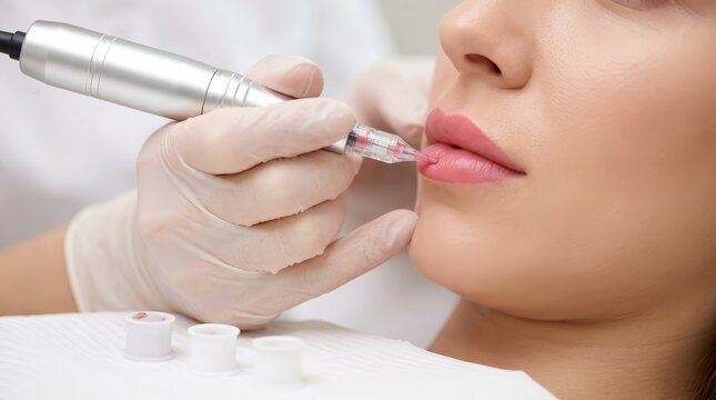 Cosmetic technician applying lip blush semi-permanent makeup using a rotary PMU pen on a client.
