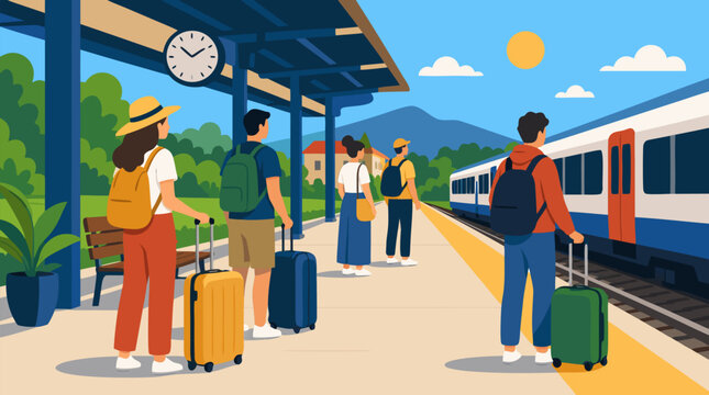 Clean flat vector illustration on a light background showing travelers with luggage waiting beside a train at a sunny station, suited for transport, tourism, and trip planning.