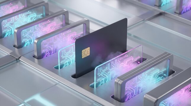 High tech payment card placed within futuristic glowing circuit board slots representing secure digital financial transactions and modern banking infrastructure 3D render