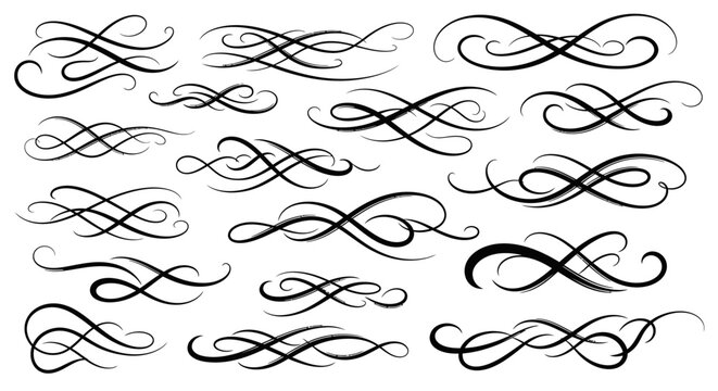 Set of elegant black calligraphic flourishes and decorative scrolls for invitations and design projects.