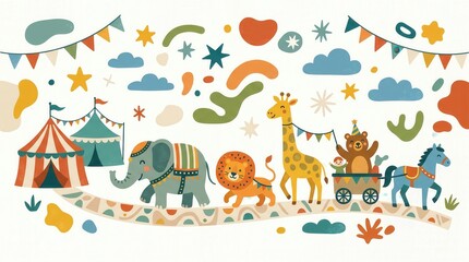 Fototapeta premium Cute animals parade past colorful circus tents with bunting under stars and clouds