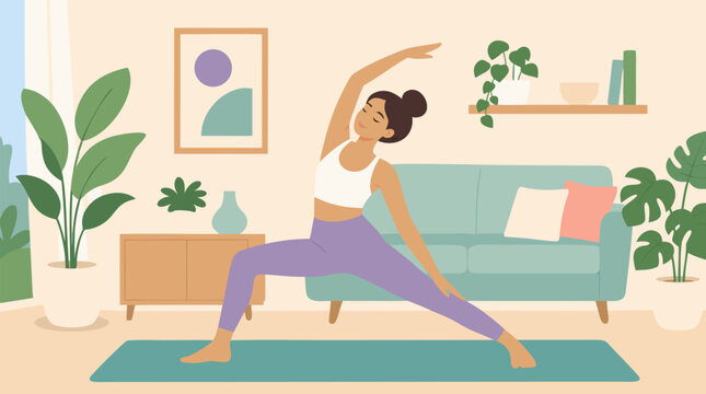 A clean flat vector illustration on a light background shows a woman doing a yoga side stretch on a mat in a cozy living room, useful for wellness, fitness, and home workout promotions.