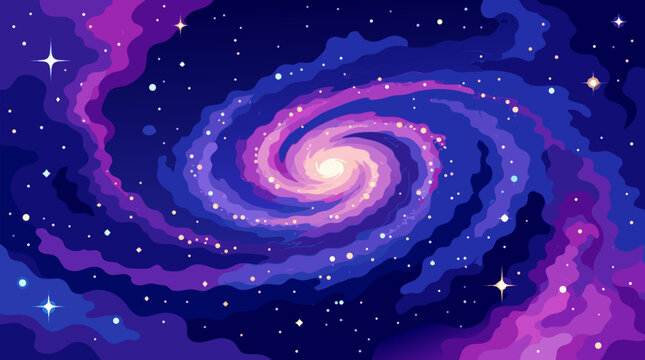 A clean flat vector illustration with a luminous light-filled background shows a colorful spiral galaxy and stars, ideal for astronomy education, science posters, or cosmic themes.