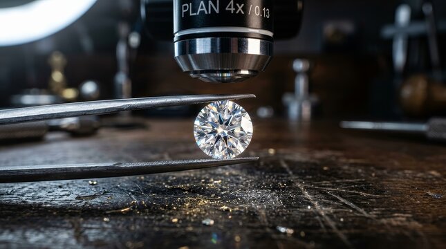 Close-up of a diamond being carefully placed under a magnifying glass by a jeweler.