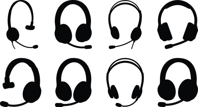 Collection of black silhouette headset designs with microphones showing various ear cup sizes, headband styles, and audio equipment shapes