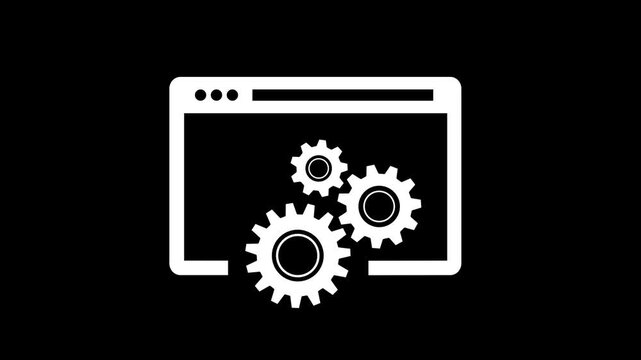 Web optimization concept featuring browser window icon and rotating gear symbol on black background. Visual representation of performance improvement, system efficiency, website management. 4k video