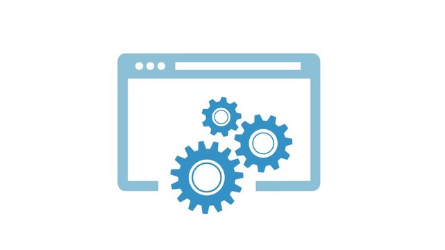Web optimization concept featuring browser window icon and rotating gear symbol on black background. Visual representation of performance improvement, system efficiency, website management. 4k video