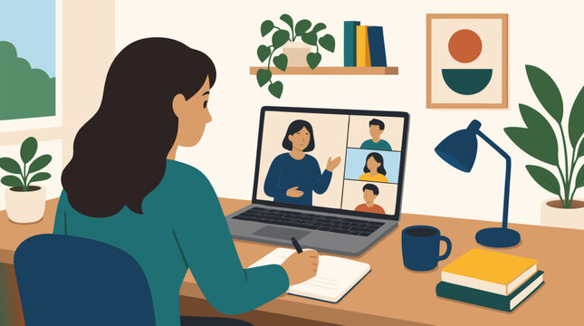 A clean flat vector illustration on a light background shows a person taking notes during an online meeting at a home desk, suited for remote work content.