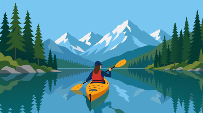 Clean flat vector illustration on a light background shows a kayaker paddling across a reflective alpine lake, ideal for outdoor travel and adventure promotions.