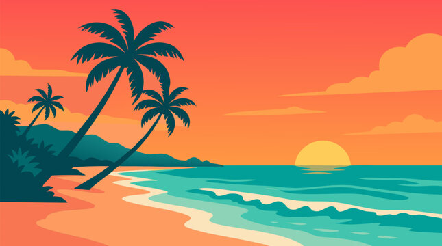 Clean flat vector illustration of a tropical beach at sunset with palm trees, turquoise waves, and mountains, ideal for travel ads on a light warm background.