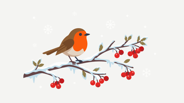 A clean flat vector illustration on a light background shows a robin perched on an icy berry branch, perfect for winter greeting cards and holiday decor.