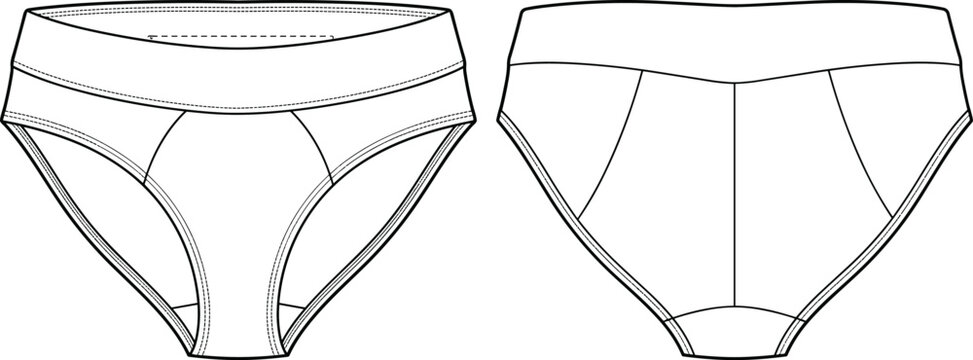 Technical fashion flat sketch of men&rsquo;s underwear briefs with contoured front design, wide waistband, and detailed seam construction