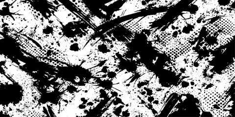 Fototapeta premium A dynamic, high-contrast abstract pattern featuring bold black ink splatters, brush strokes, and distressed halftone textures on a crisp white background.