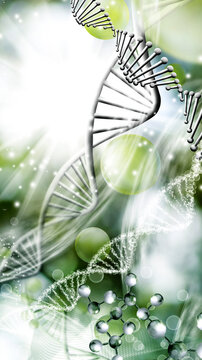 A close view of DNA strands with bubbles and light in a bright green environment. The image shows the details of genetics and molecular interactions.