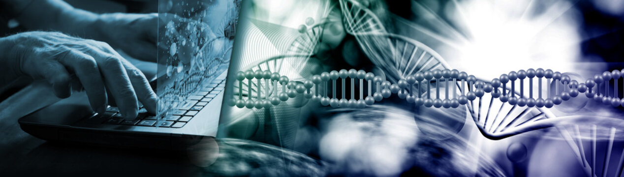 A person types on a laptop while DNA strands appear in the background. This scene shows the connection between technology and science, particularly in research and analysis.