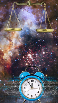 Scales hang in space to show justice. A blue clock sits below them. Stars and galaxies fill the background. Time and fairness are the main ideas in this scene.