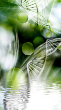 The scene shows a representation of DNA structures with green elements. The background has soft colors and shapes that suggest nature. Water seems to reflect the design.