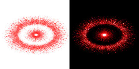Fototapeta premium Red cosmic explosion starburst with glowing ring of light particles and radiant sparks on transparent and black background effect.
