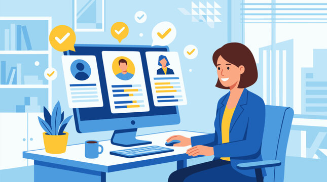Clean flat vector illustration on a light office background showing a professional using a desktop recruitment dashboard with approved candidate cards, ideal for HR hiring services.