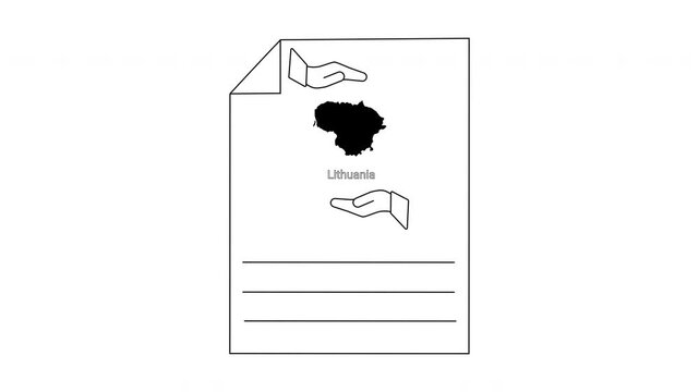 Lithuania map outline with hands and text on paper document.