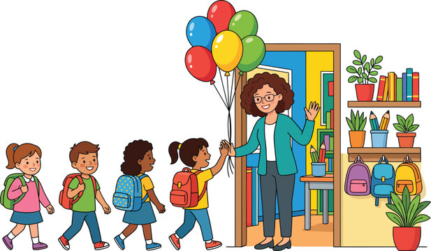 Happy children with teacher in classroom on first day of school