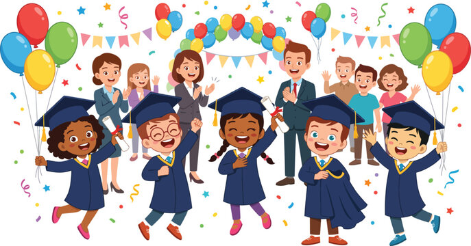 Diverse group of children celebrating graduation with balloons and confetti