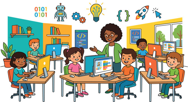Elementary coding class with diverse students and enthusiastic teacher