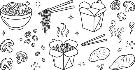 Asian noodle doodle vector set with chinese takeout boxes chopsticks mushrooms ramen bowl and chicken breast © AKTAR
