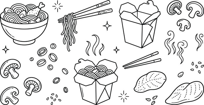 Asian noodle doodle vector set with chinese takeout boxes chopsticks mushrooms ramen bowl and chicken breast
